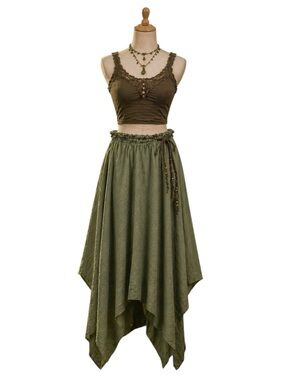 Womens Handkerchief Hem Sage Green Maxi Skirt Forest Fairy Earthy Goblin 2X/3X